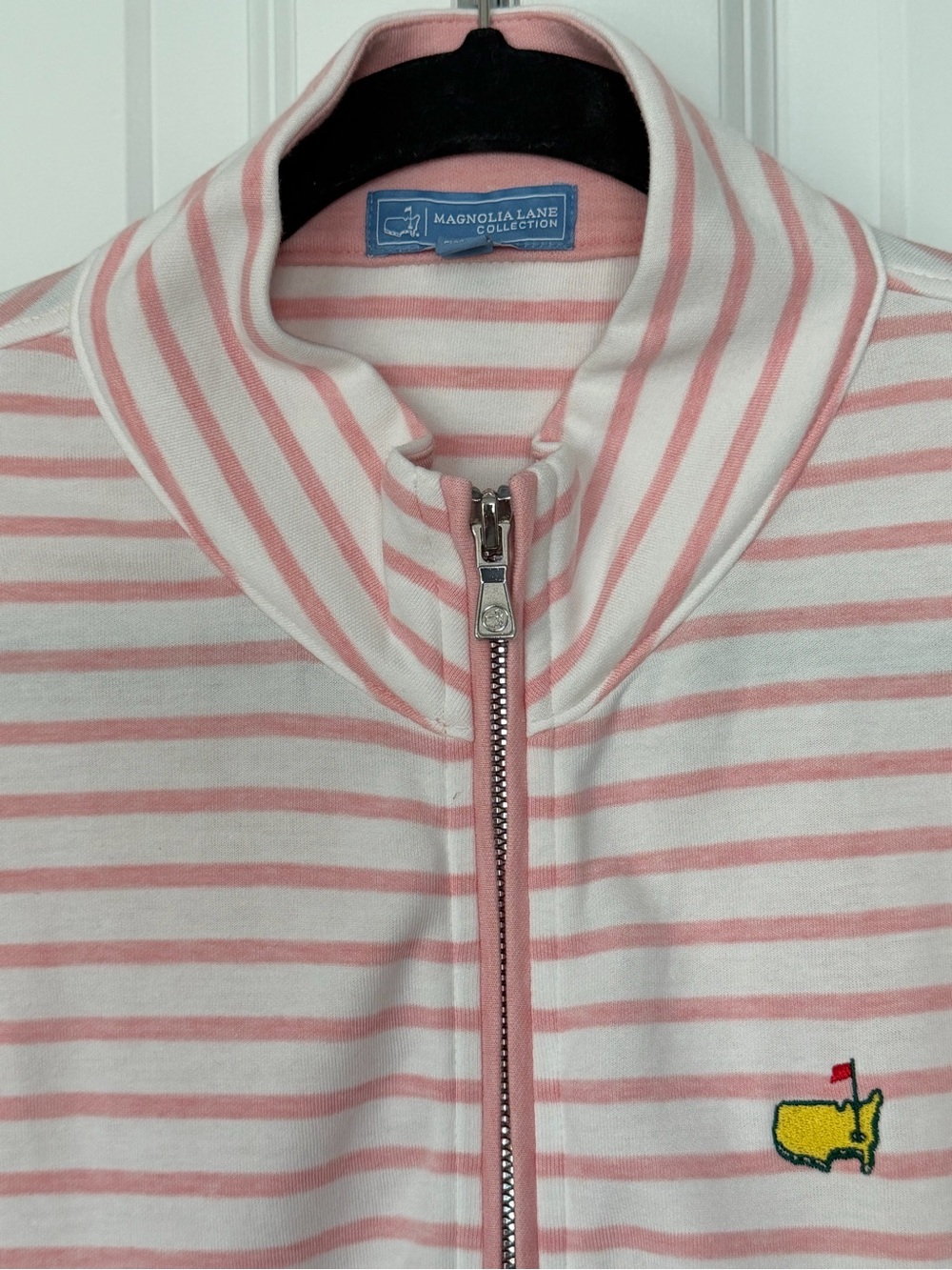 Striped Pink & White Zip Jacket with Embroidered Yellow Logo - Women
